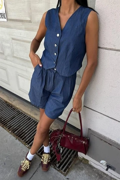 Gümüş Düğmeli Yelek Ve Şort Tensel Takım 10174 - Resim 6