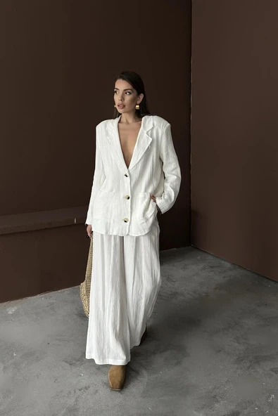 Beyaz Oversize Müslin Takım - Resim 2
