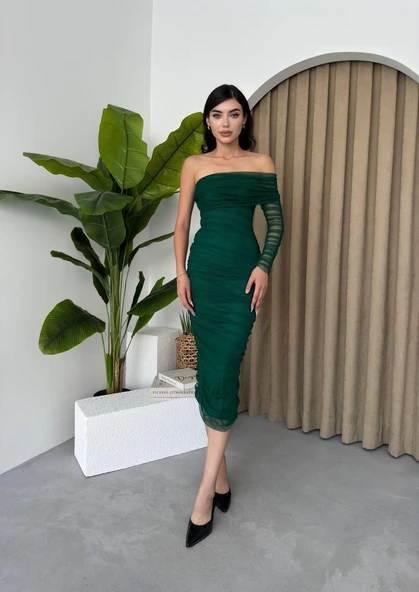 Polack Tek Omuz Tül Elbise - Resim 3