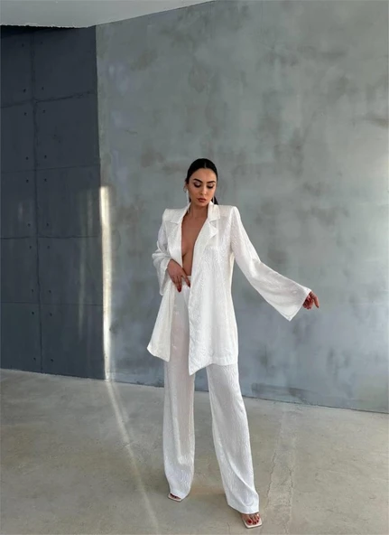 VİSKON JAKARLI BAĞLAMALI GÖMLEK - PANTOLON TAKIM - Beyaz - 3