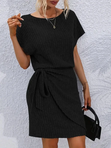 Kadın Kısa Kollu Yakası Açık Belden Lastikli Yandan Bağlamalı Kalın Fitilli Kaşkorse Elbise - Resim 5