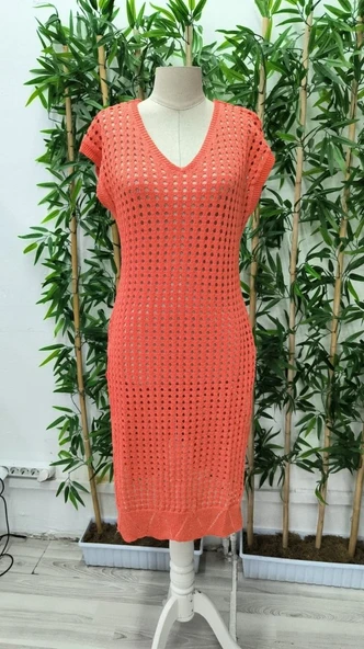 Kadın Sıfır Kol V Yaka Yanı Derin Yırtmaçlı Midi Boy Triko Elbise - Resim 7