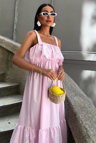 Etek Ucu Brode Nakışlı Boyundan Bağlamalı Elbise 2881 - Resim 5