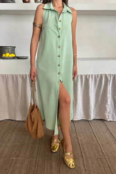 KETEN ÖNDEN DÜĞMELİ KOLSUZ GÖMLEK YAKA ELBİSE - Mint - Resim 2