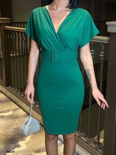 Kadın Dalgıç Krep V Yaka Ve Sırt Dekolte Detaylı Elbise - Resim 5