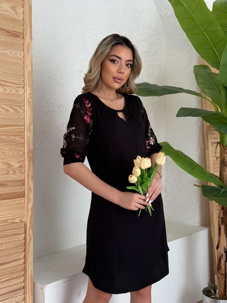 Kadın Truvakar Kol çiçek Desenli Tül Kol Bisiklet Yaka çiçek Desen Sandy Salaş Kısa Elbise - Resim 5