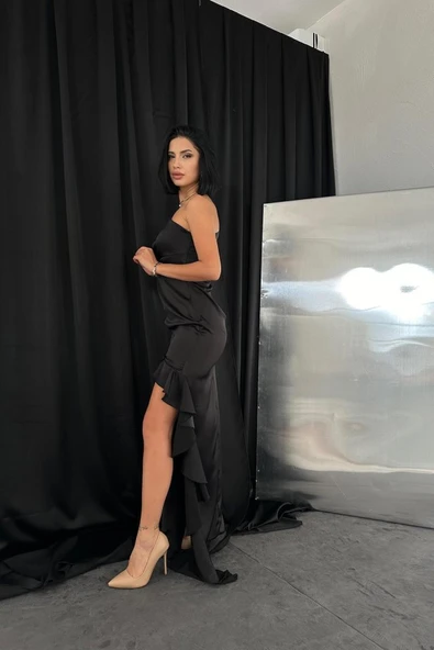 Siyah Volanlı Saten Abiye - 4