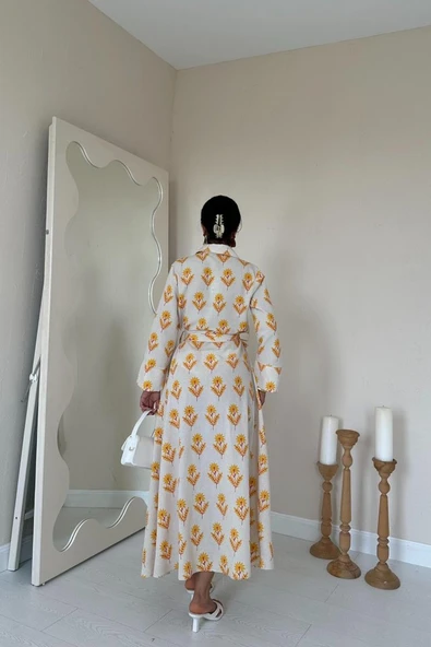 Bej Desenli Ve Önü Düğmeli Keten Elbise - Resim 4