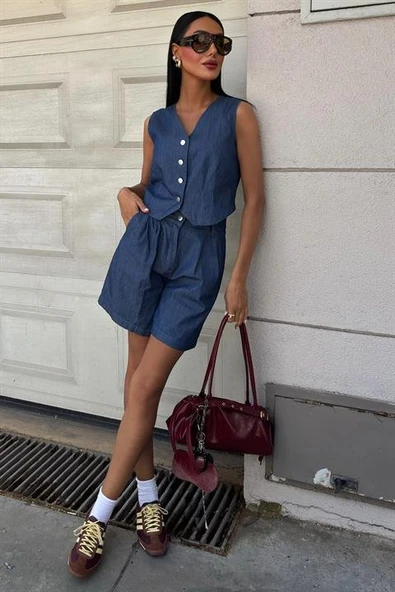 Gümüş Düğmeli Yelek Ve Şort Tensel Takım 10174 - Resim 4