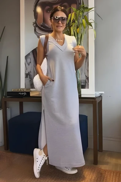 V Yaka Cepli Elbise - Resim 6