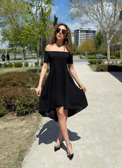 Kadın Kısa Kollu Madonna Yaka önü Kısa Arkası Uzun Ithal Krep Elbise ürün görseli