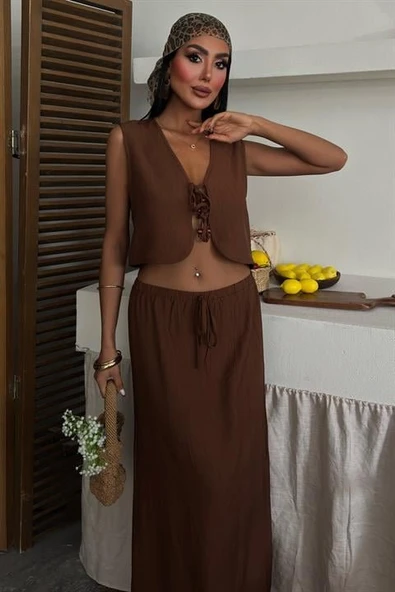 Yelek Önden Bağlamalı Uzun Etekli Takım 10192 - Resim 2