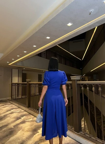 Kadın Bisiklet Yaka Kısa Kol Lastik Detay Uzun Elbise - Resim 3