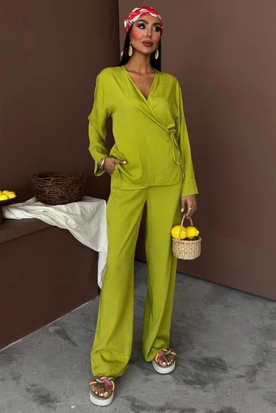 Kruvaze Model Klasik Pantolonlu Çupra Keten Takım 10191 ürün görseli