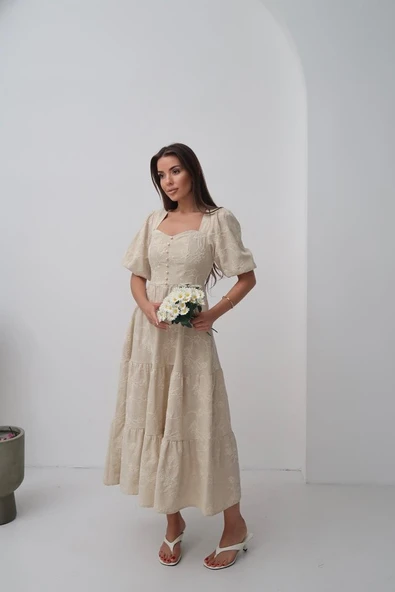 Bej Süs Düğmeli Balon Kollu Elbise - Resim 2