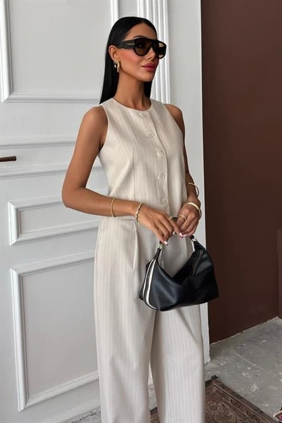 Yelek Plazzo Pantolon Çizgili Flamlı Poliviscon Takım 10178 - Resim 4