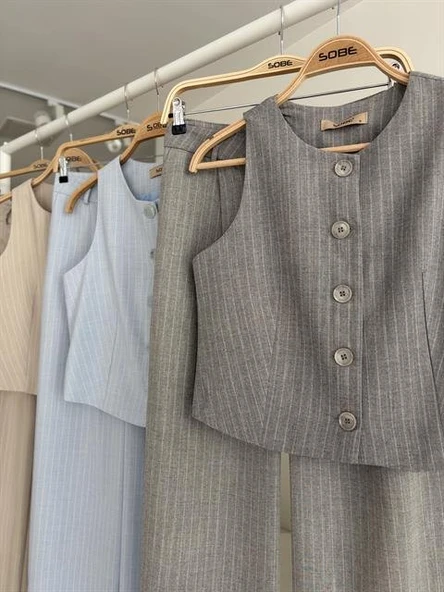 Yelek Plazzo Pantolon Çizgili Flamlı Poliviscon Takım 10178 - Resim 10