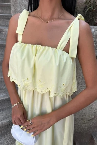 Etek Ucu Brode Nakışlı Boyundan Bağlamalı Elbise 2881 - Resim 6