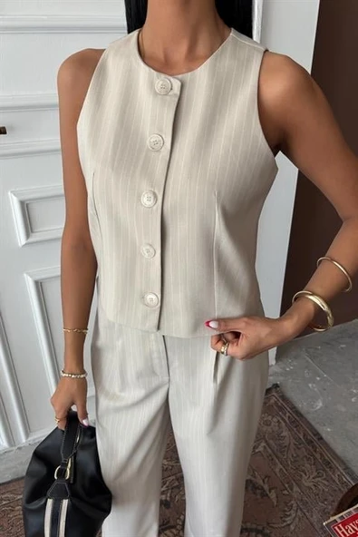 Yelek Plazzo Pantolon Çizgili Flamlı Poliviscon Takım 10178 - Resim 6