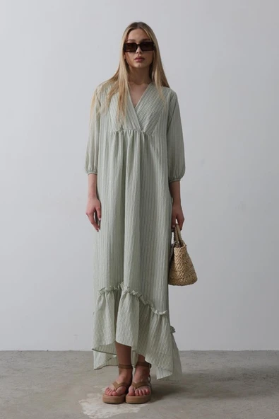 Çizgili Oversize V Yaka Elbise - Haki - Resim 2