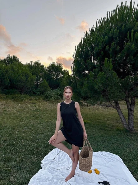 Kadın Keten Kumaş Kolsuz Mini Boy Elbise - Resim 4