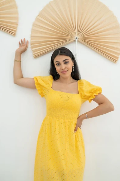 Sarı Tokalı Fisto Elbise - Resim 4