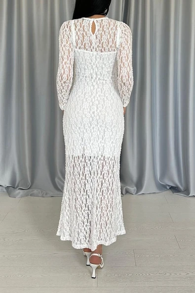 Beyaz Dantelli Uzun Kollu Elbise - Resim 4