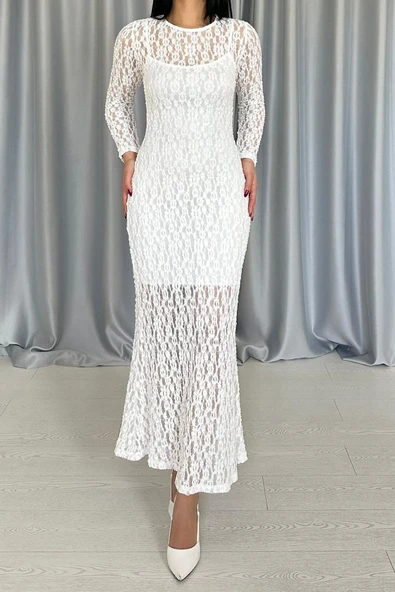 Beyaz Dantelli Uzun Kollu Elbise - Resim 3