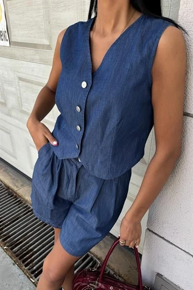 Gümüş Düğmeli Yelek Ve Şort Tensel Takım 10174 - Resim 7