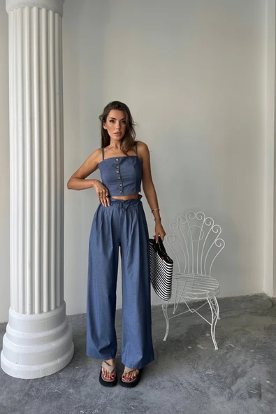 TENCEL CROP ASKILI BLUZ - ŞALVAR PANTOLON TK - İndigo - Resim 4