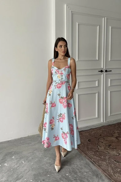 Bebe Mavi İnce Kemer Detaylı Elbise - Resim 3