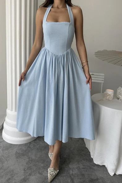 Mavi Boyundan Bağlamalı Keten Elbise - Resim 4