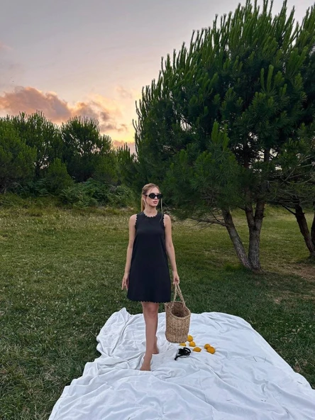 Kadın Keten Kumaş Kolsuz Mini Boy Elbise ürün görseli