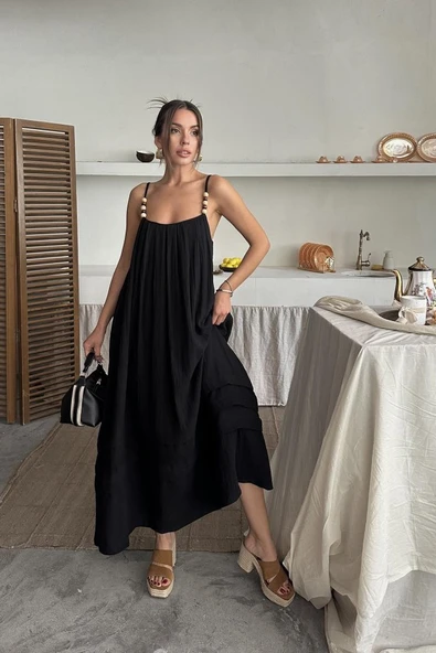 Siyah Askılı Müslin Elbise - 3
