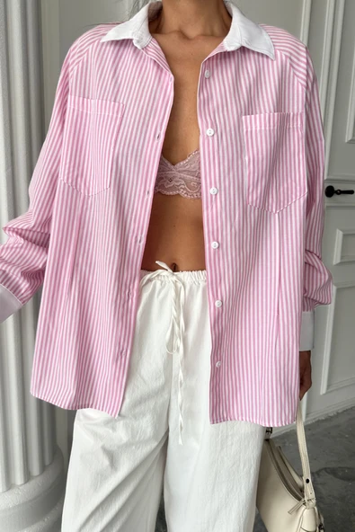 YAKA VE MANŞET BEYAZBOYFRİEND ÇİZGİLİPOPLİN GÖMLEK - Pembe - Resim 2