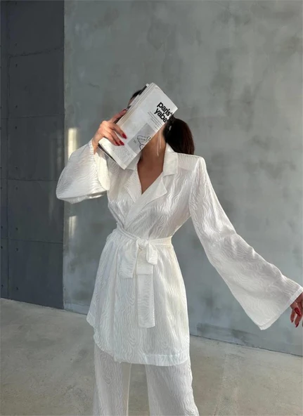 VİSKON JAKARLI BAĞLAMALI GÖMLEK - PANTOLON TAKIM - Beyaz - 2