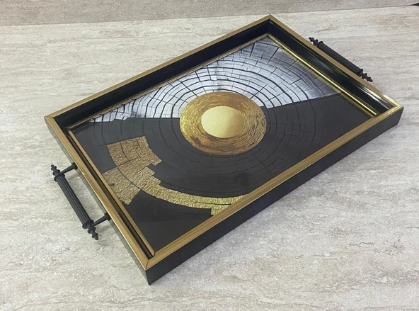 Dijital Baskılı Cam Servis Tepsisi – Modern Desenli, Metal Kulplu 42x29 cm - 2