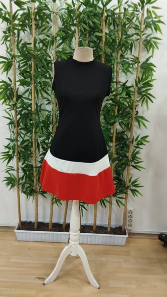 Kadın Sıfır Kol Yarı Balıkçı Yaka şerit Detaylı Ithal Krep Elbise - Resim 6