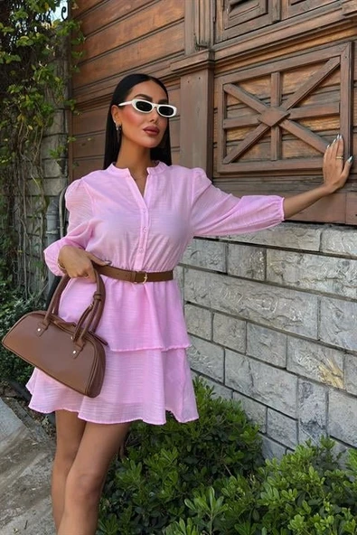 Deri Kemerli Fırfırlı Elbise 2901 - Resim 5