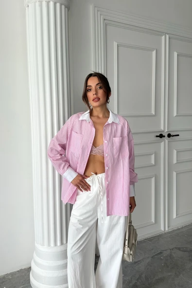 YAKA VE MANŞET BEYAZBOYFRİEND ÇİZGİLİPOPLİN GÖMLEK - Pembe - Resim 3