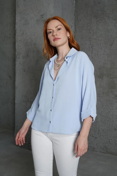 Kol Katlama Detaylı Bebe Mavi Gömlek - 2