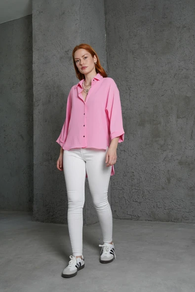 Kol Katlama Detaylı Pembe Gömlek ürün görseli