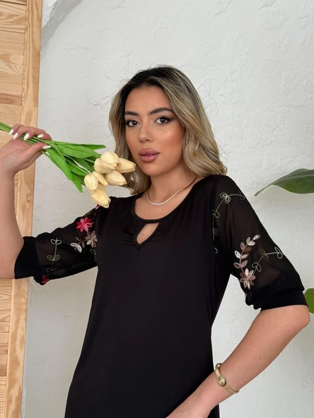 Kadın Truvakar Kol çiçek Desenli Tül Kol Bisiklet Yaka çiçek Desen Sandy Salaş Kısa Elbise - Resim 3