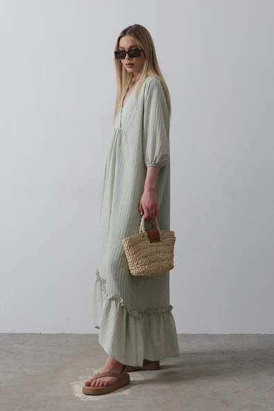 Çizgili Oversize V Yaka Elbise - Haki - Resim 4