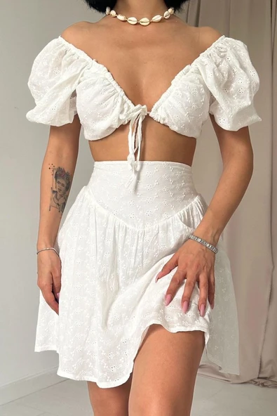 Ekru Brode Crop Ve Mini Etek Takım - Resim 2