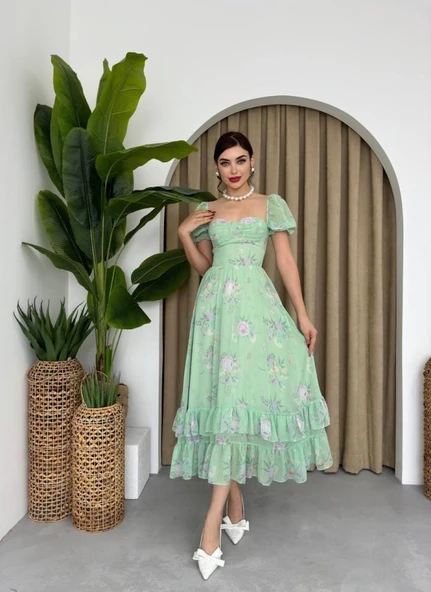 ŞİFON KUMAŞ DİJİTAL DESEN BASKILI ELBİSE - Resim 3