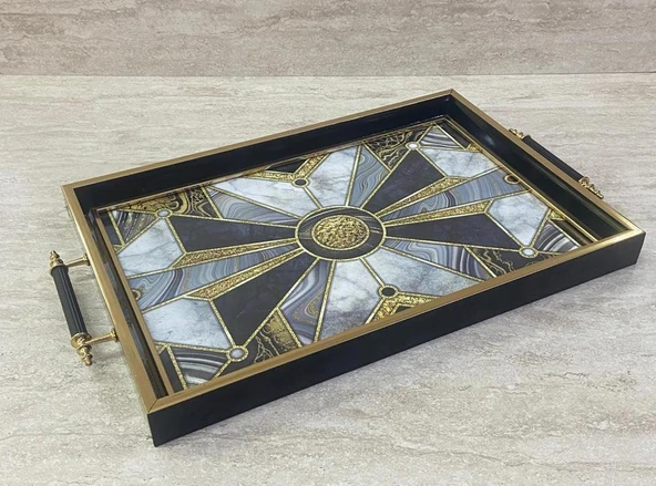 Dijital Baskılı Cam Servis Tepsisi – Modern Desenli, Metal Kulplu 42x29 cm - 3
