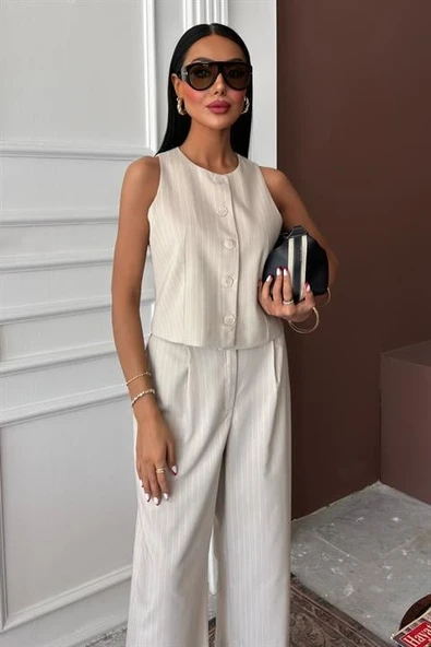 Yelek Plazzo Pantolon Çizgili Flamlı Poliviscon Takım 10178 - Resim 3