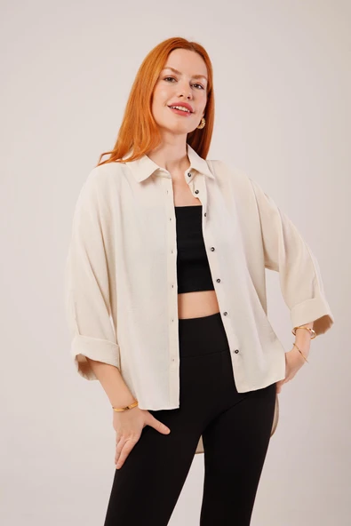 Kol Katlama Detaylı Bej Gömlek - Resim 3