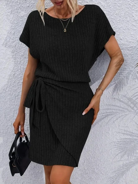 Kadın Kısa Kollu Yakası Açık Belden Lastikli Yandan Bağlamalı Kalın Fitilli Kaşkorse Elbise ürün görseli